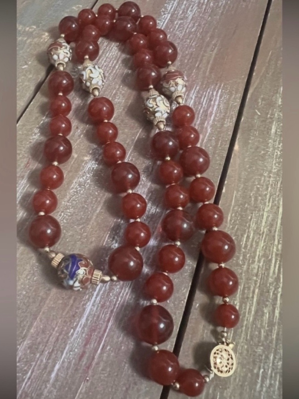 Red Carnelian Gemstone Beads W Intricate Painted Floral Cloisonné Spacers